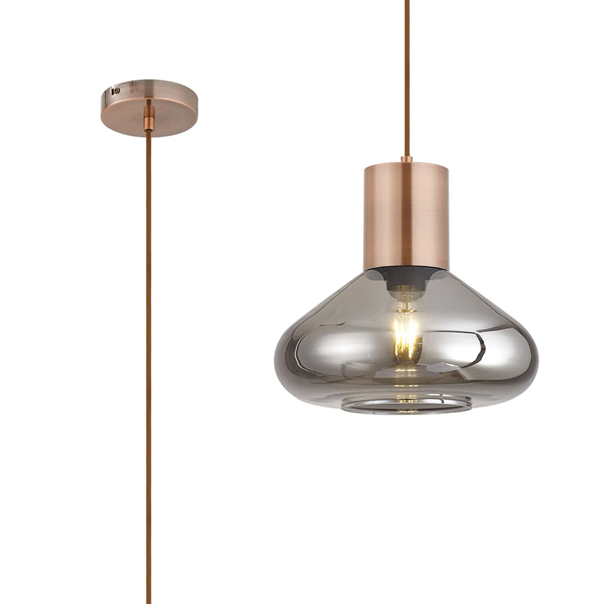 Rowell Wide Pendant, 1 x E27, Antique Copper/Smoke Plated Glass