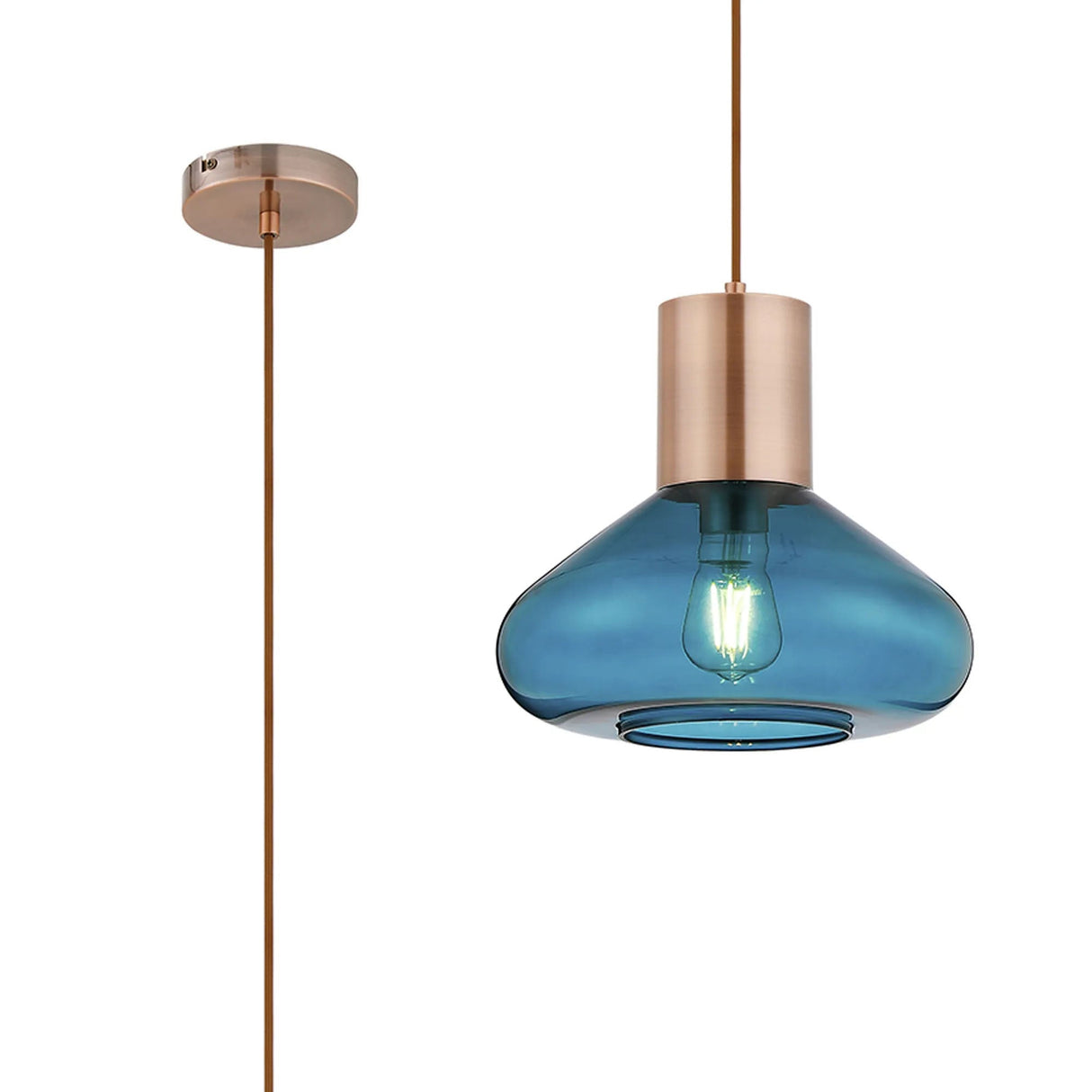Rowell Wide Pendant, 1 x E27, Antique Copper/Teal Blue Glass