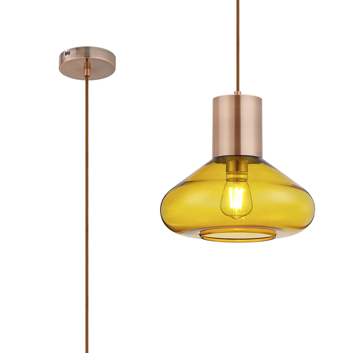 Rowell Wide Pendant, 1 x E27, Antique Copper/Yellow Glass
