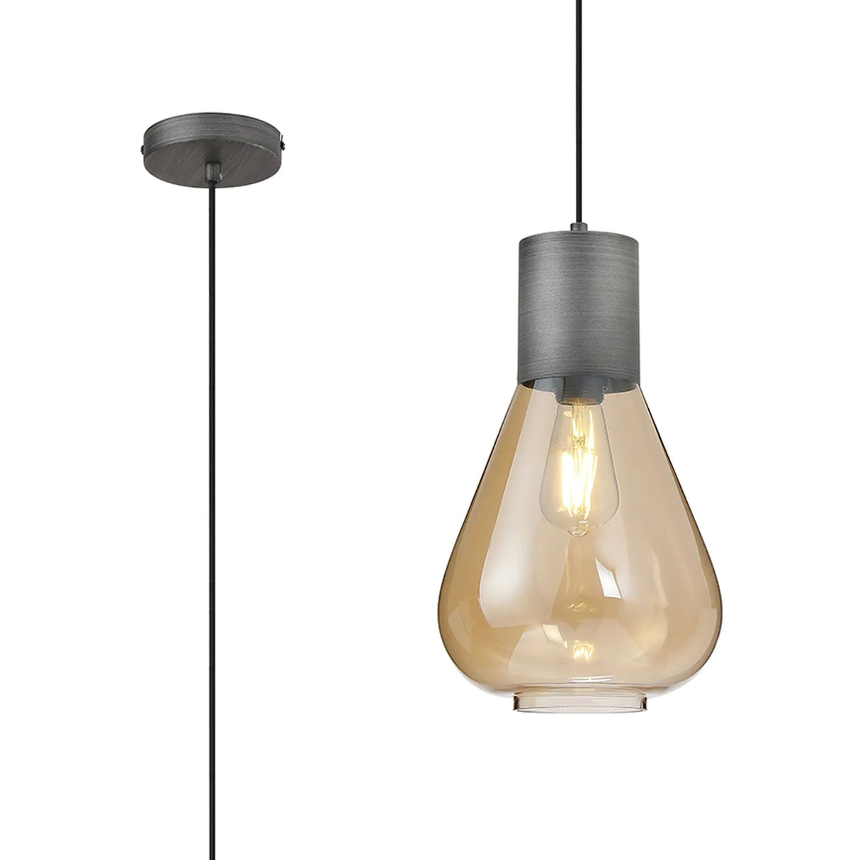 Rowell Narrow Pendant, 1 x E27, Pewter/Amber Glass