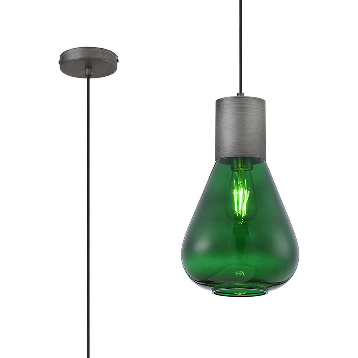 Rowell Narrow Pendant, 1 x E27, Pewter/Bottle Green Glass