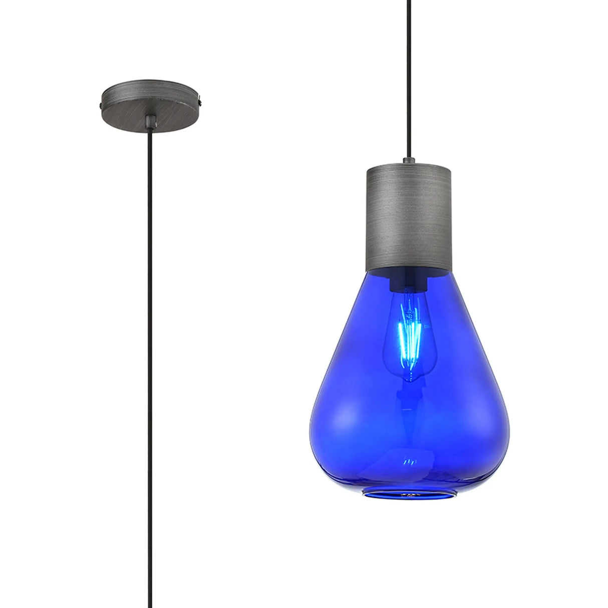 Rowell Narrow Pendant, 1 x E27, Pewter/Blue Ink Glass