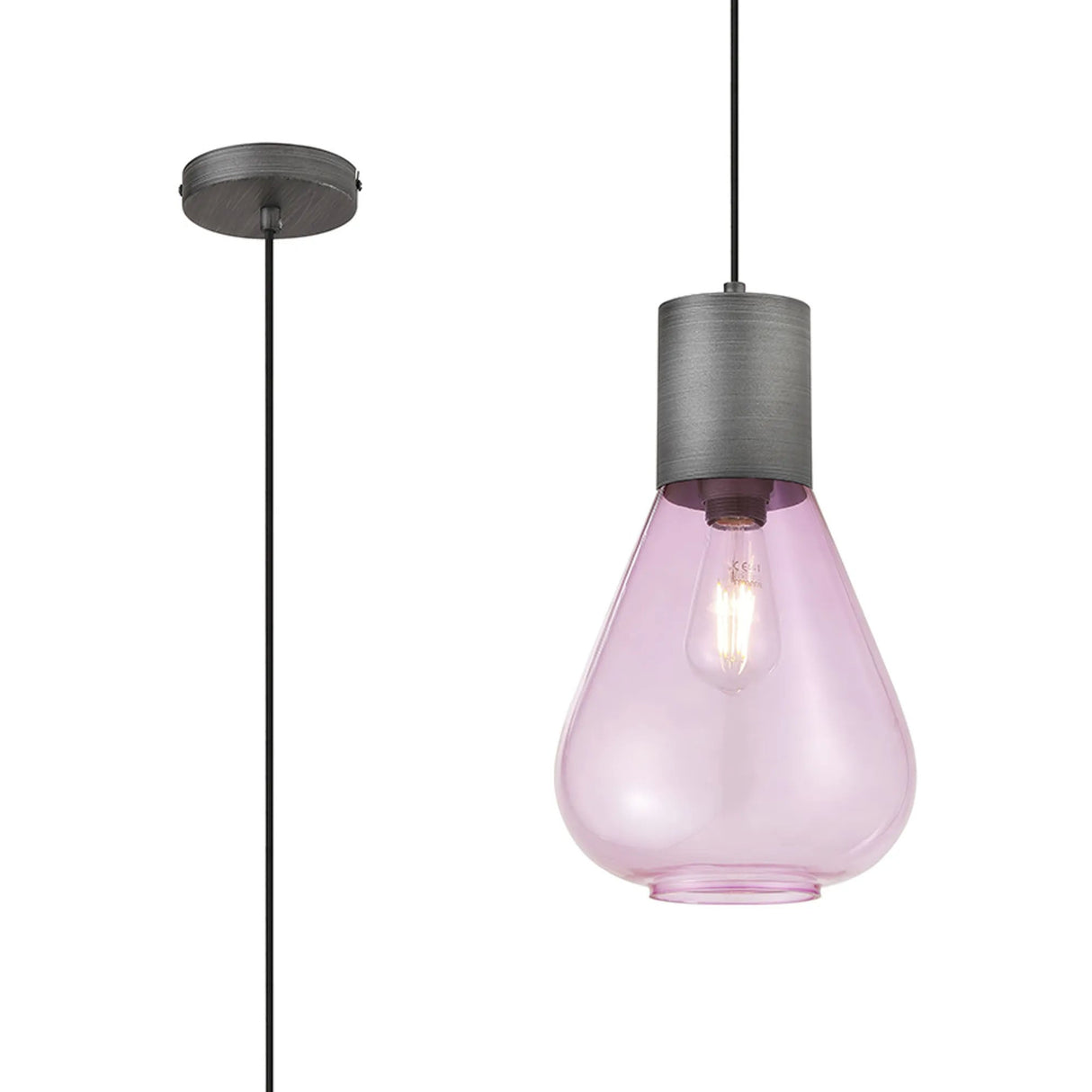 Rowell Narrow Pendant, 1 x E27, Pewter/Lilac Glass