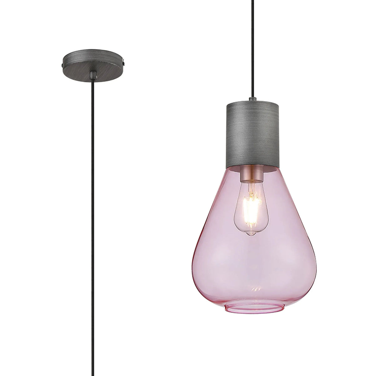 Rowell Narrow Pendant, 1 x E27, Pewter/Pink Glass