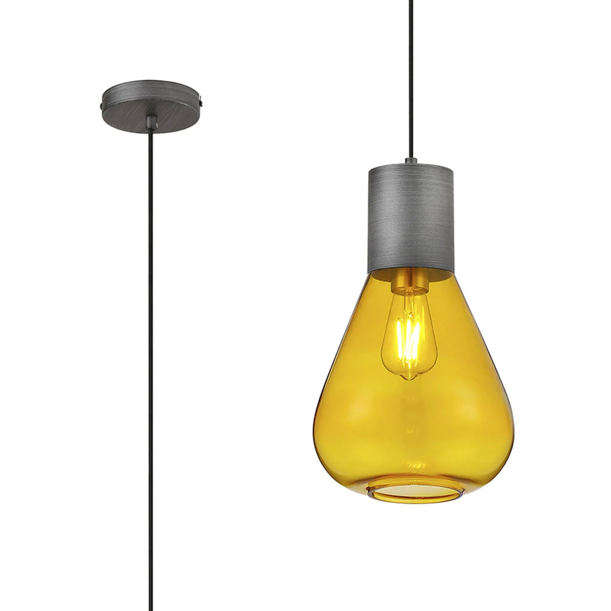 Rowell Narrow Pendant, 1 x E27, Pewter/Yellow Glass