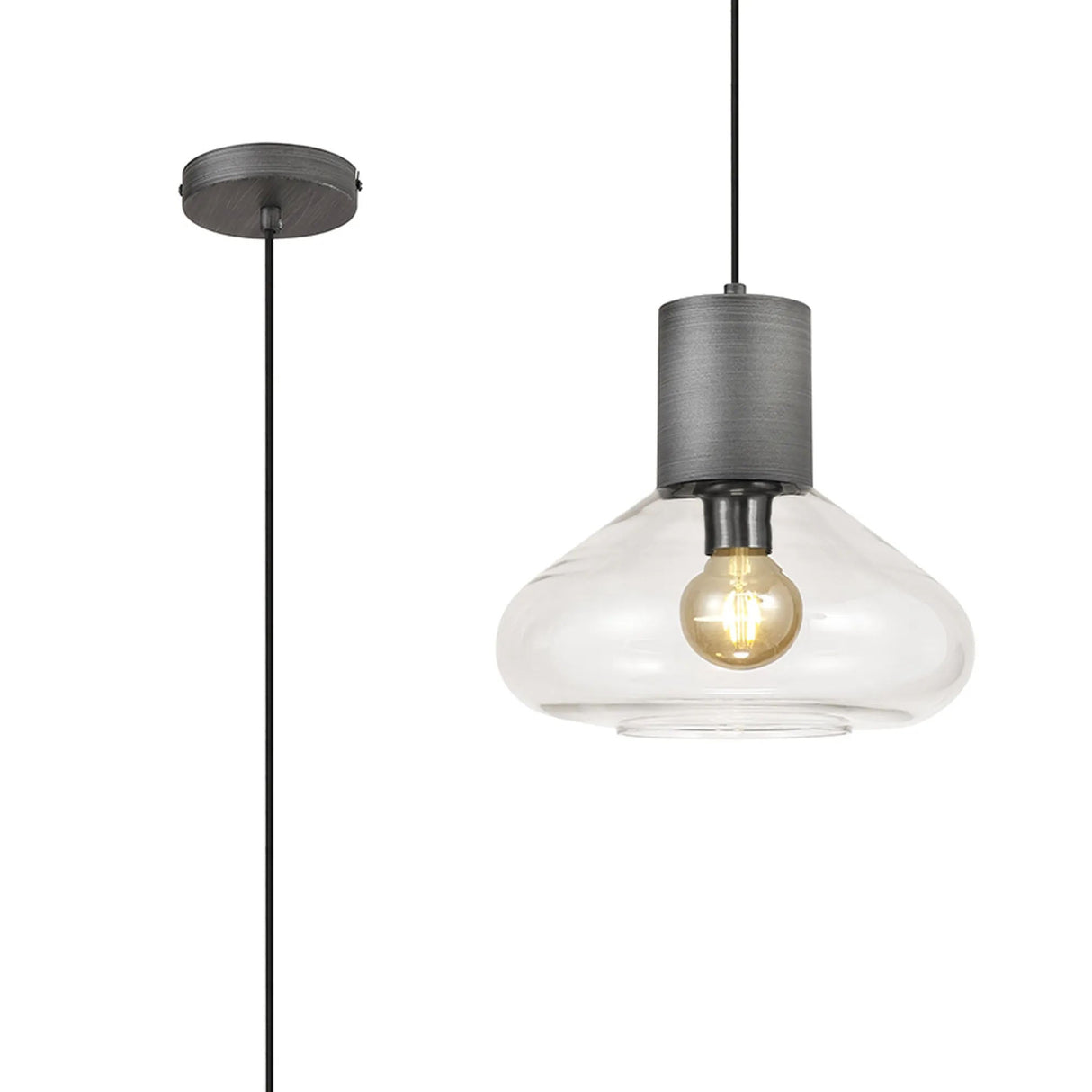 Rowell Wide Pendant, 1 x E27, Pewter/Clear Glass