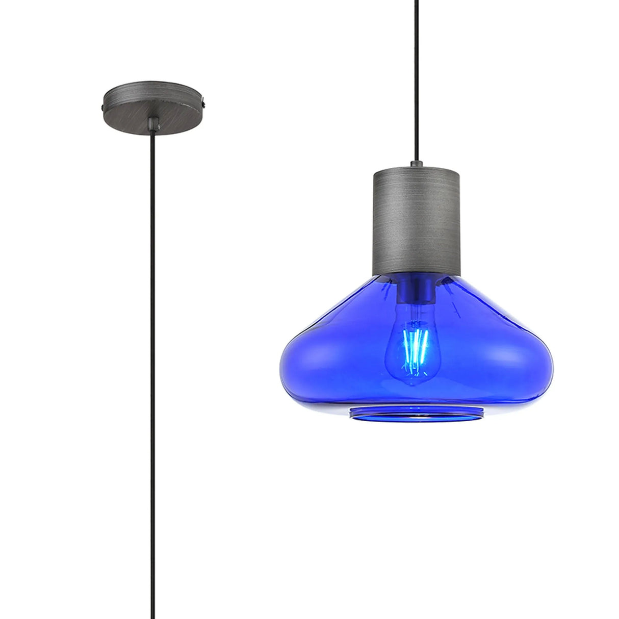 Rowell Wide Pendant, 1 x E27, Pewter/Blue Ink Glass