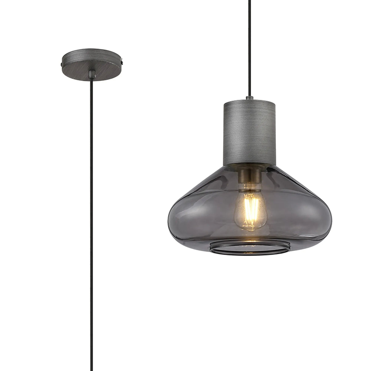Rowell Wide Pendant, 1 x E27, Pewter/Inky Black Glass