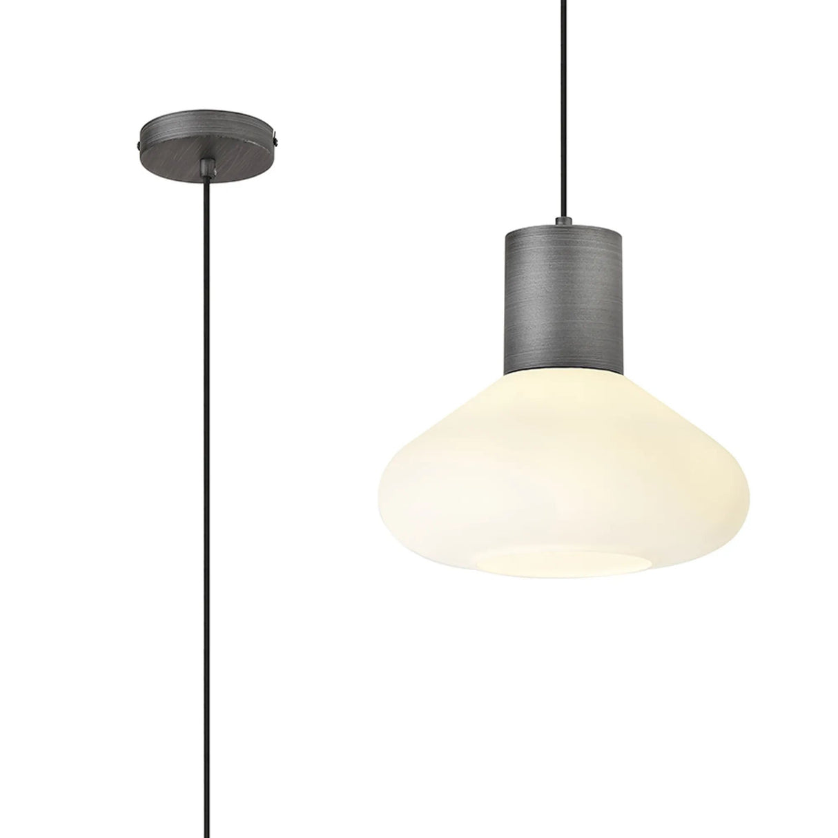 Rowell Wide Pendant, 1 x E27, Pewter/Opal Glass