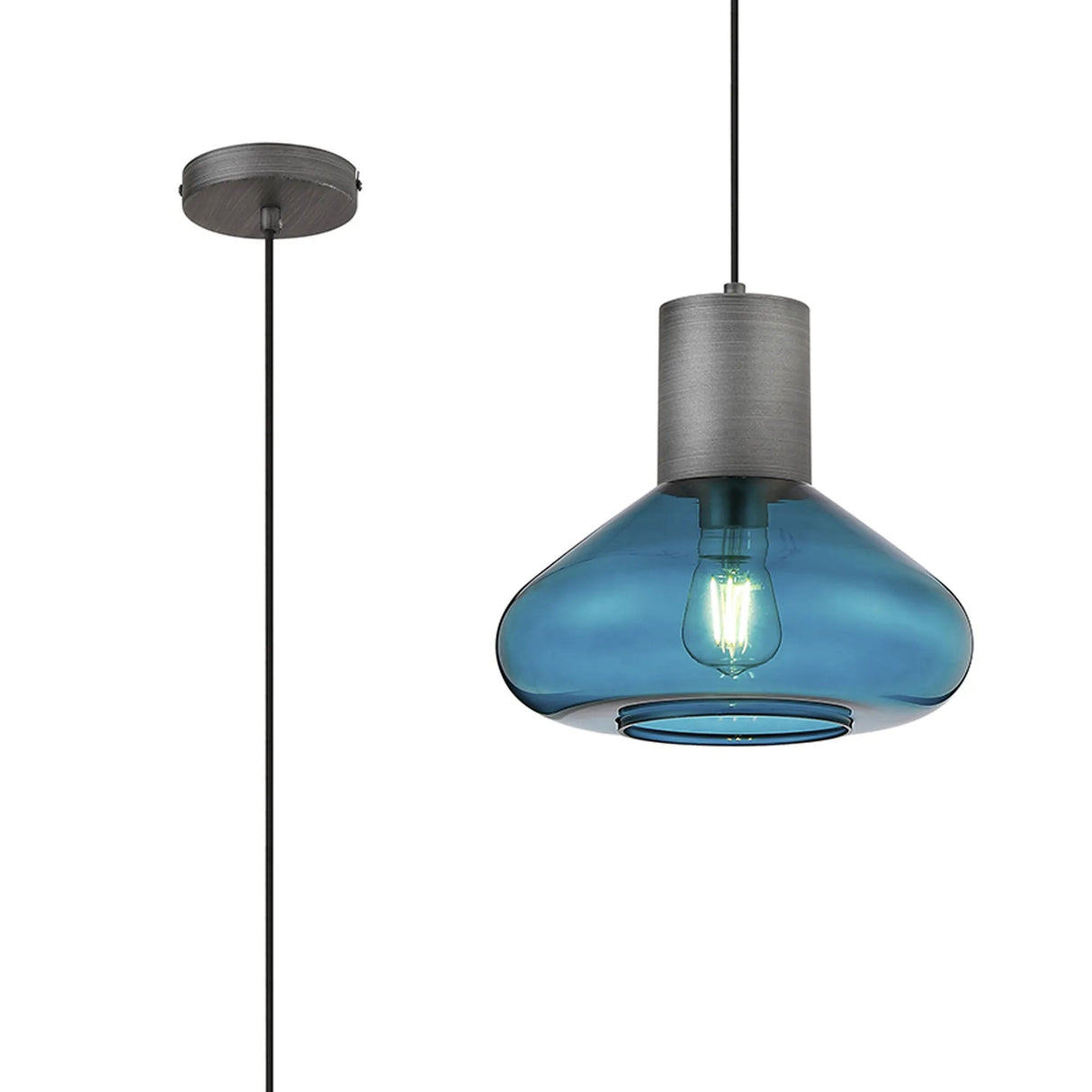 Rowell Wide Pendant, 1 x E27, Pewter/Teal Blue Glass