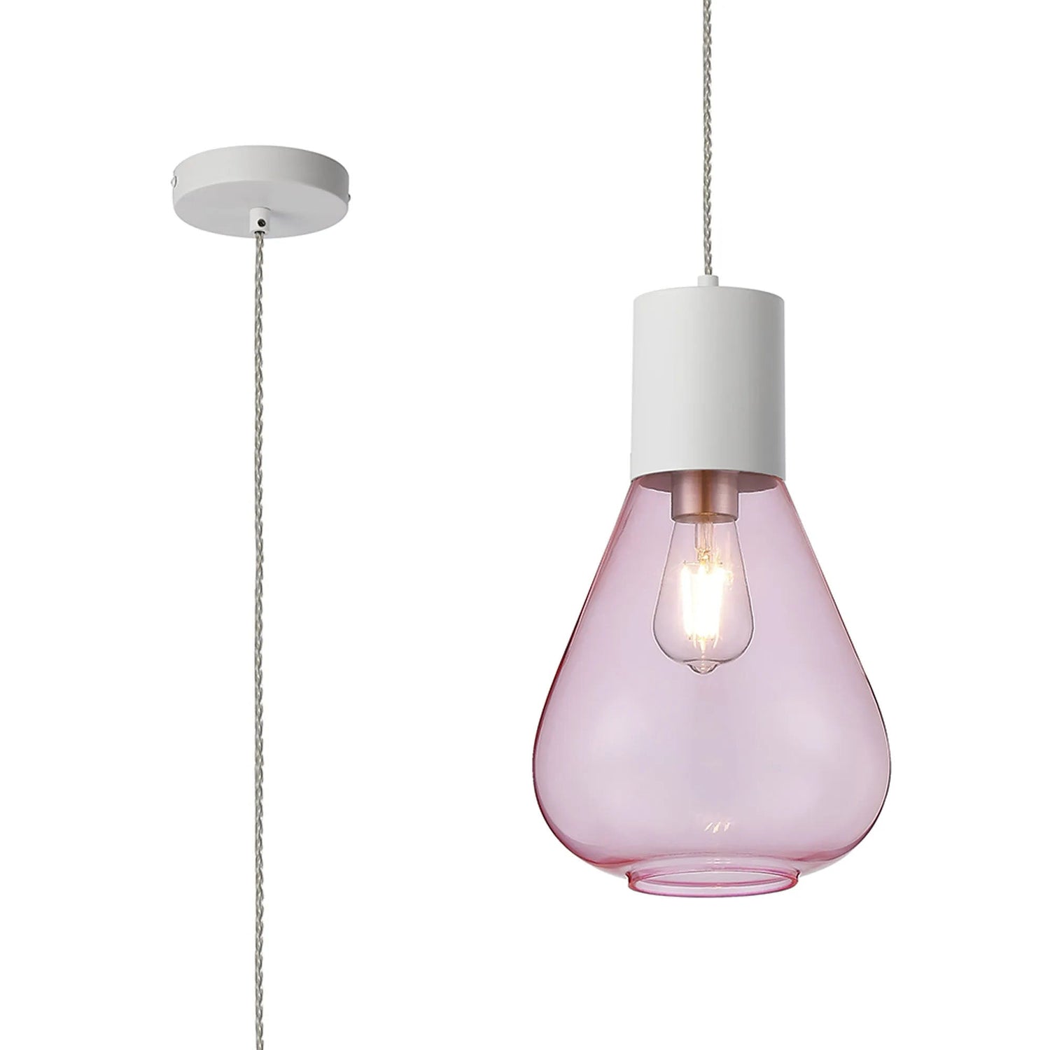 Rowell Pendant With Narrow Glass, 1 x E27, Satin White/Pink/Clear Twisted Cable