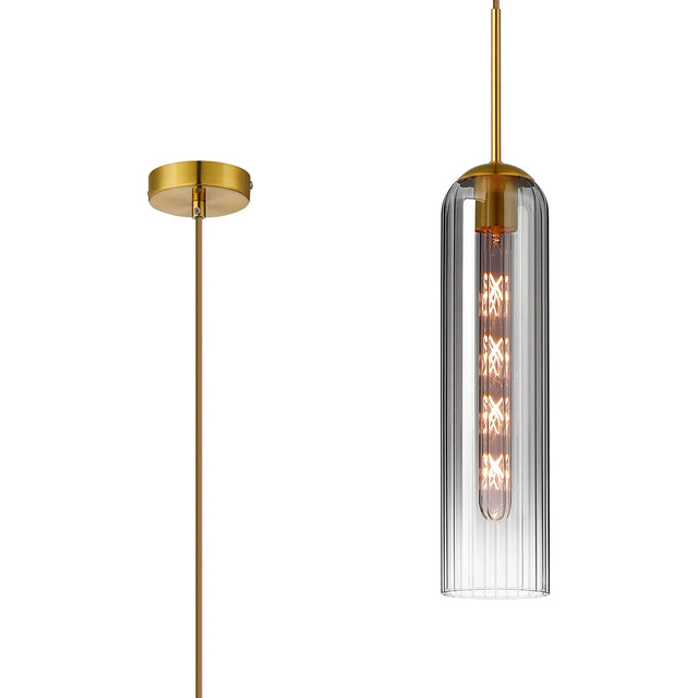 Samed Single Pendant, 1 Light Adjustable E27, Brass Gold / Smoke Fade
