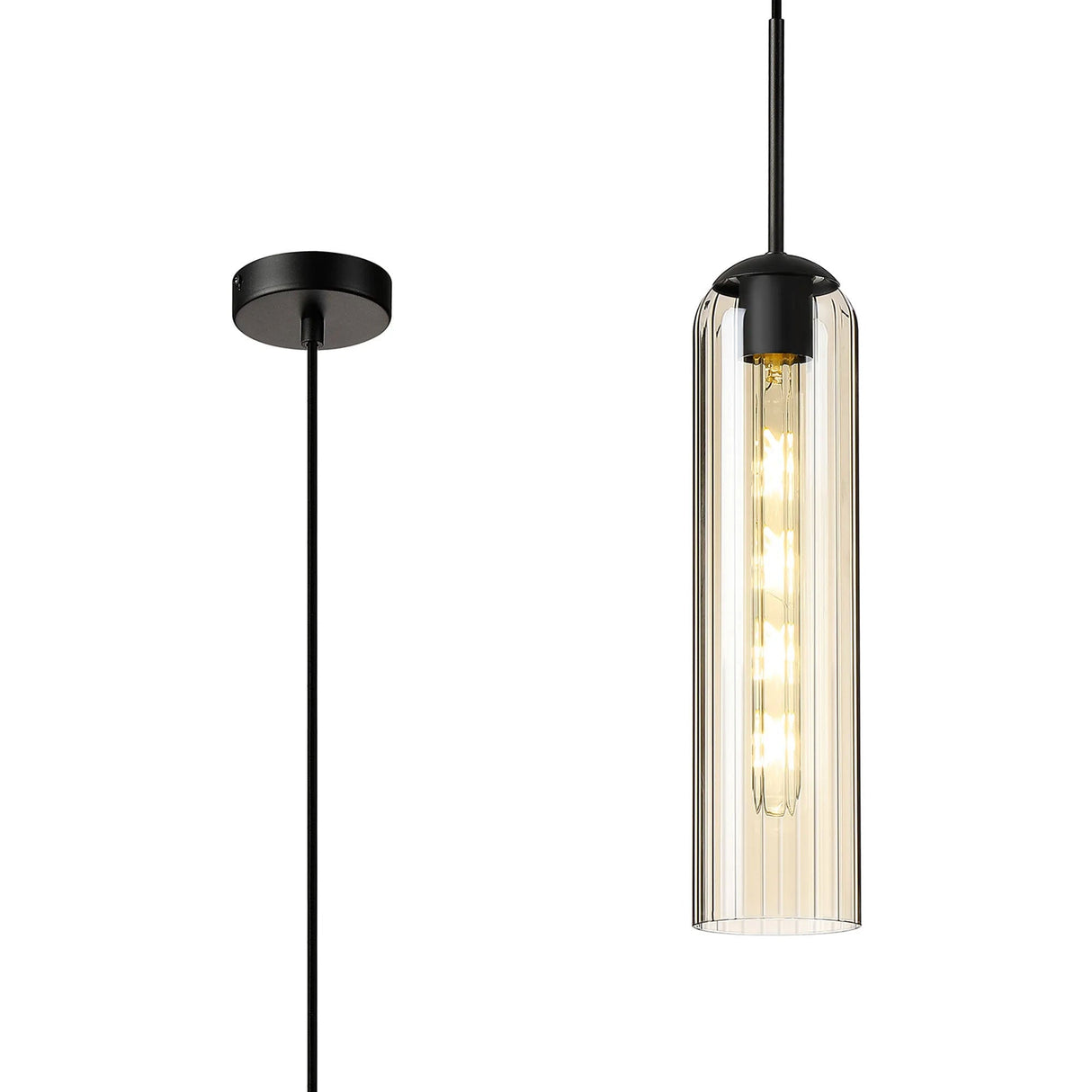 Samed Single Pendant, 1 Light Adjustable E27, Satin Black / Cognac
