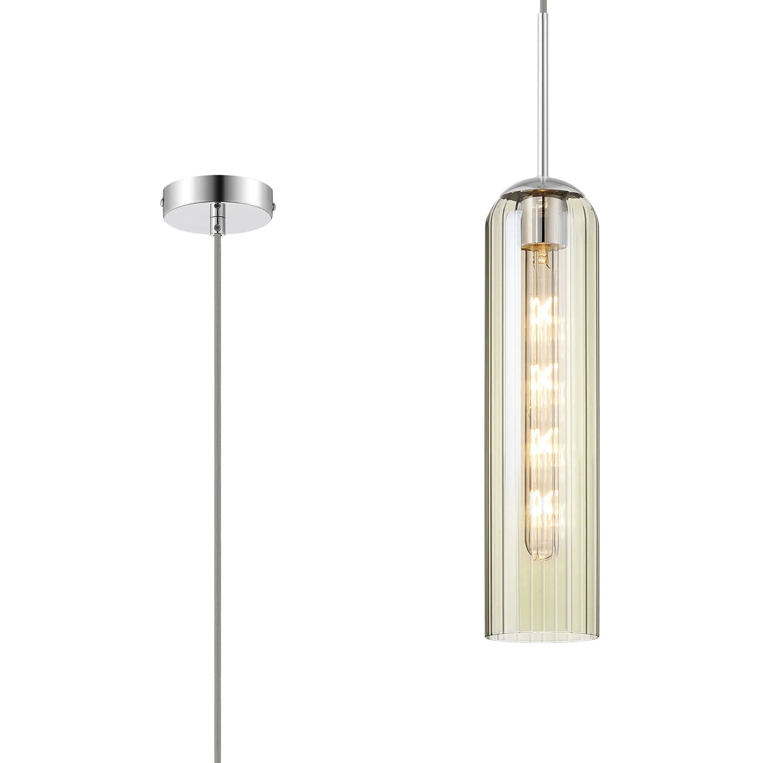Samed Single Pendant, 1 Light Adjustable E27, Polished Nickel / Cognac