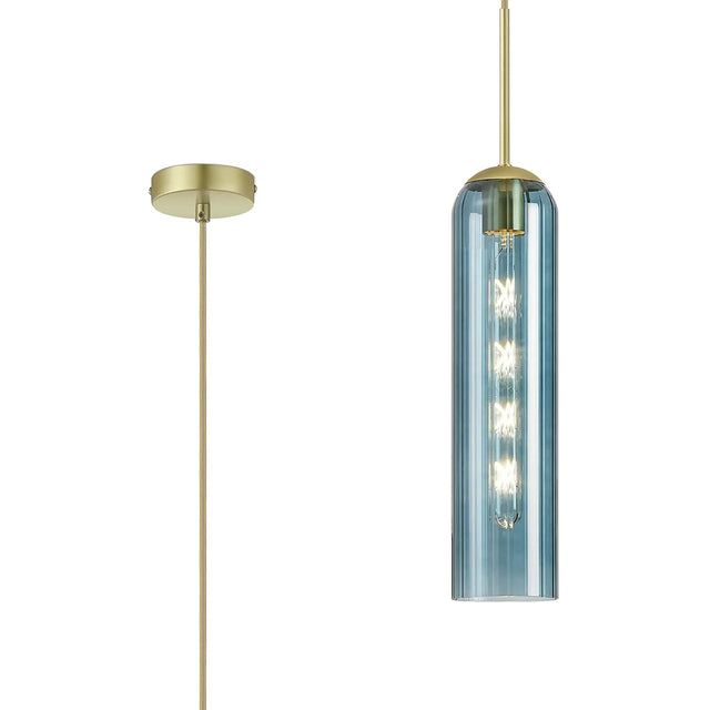 Samed Single Pendant, 1 Light Adjustable E27, Satin Gold / Blue