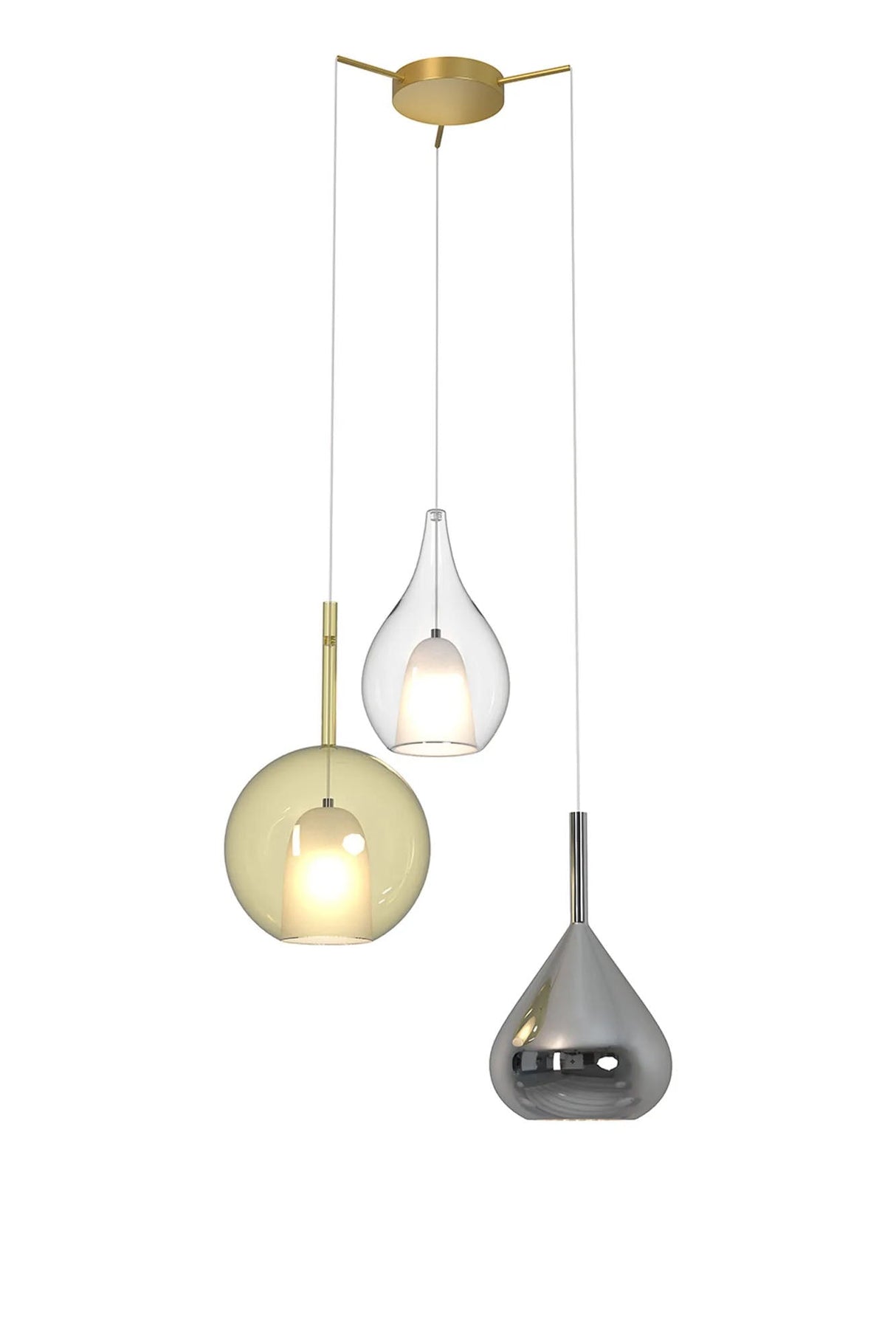 Sanson Pendant Mixed Shades, 3 x E27, Multicoloured Glass, Gold Frame