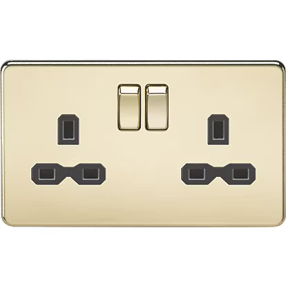 Knightsbridge 13A 2-Gang DP Switched Double Socket Polished Brass with Black Inserts SFR9000PB