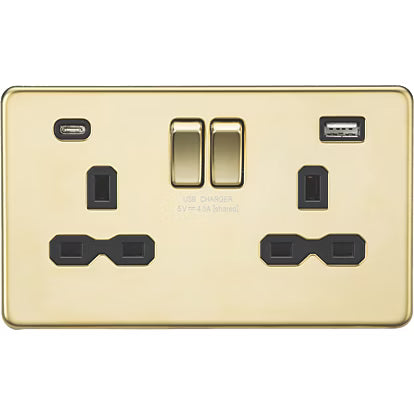 Knightsbridge Screwless SP 2G Switched Socket Dual USB A+C - Polished Brass Black Insert SFR9940PB