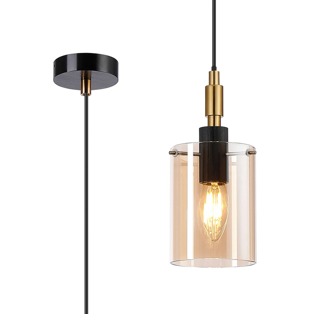 Shilton 1.5m Single Pendant 1 Light IP44 Cylinder Glass Black/Brass Gold/Amber