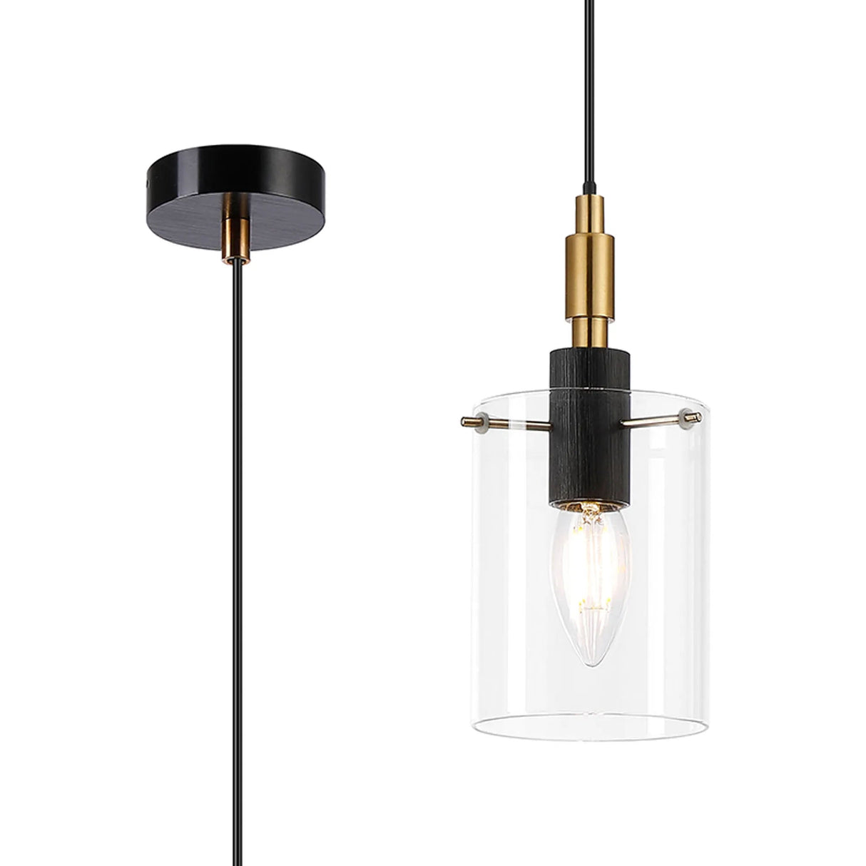 Shilton 1.5m Single Pendant 1 Light IP44 Cylinder Glass Black/Brass Gold/Clear