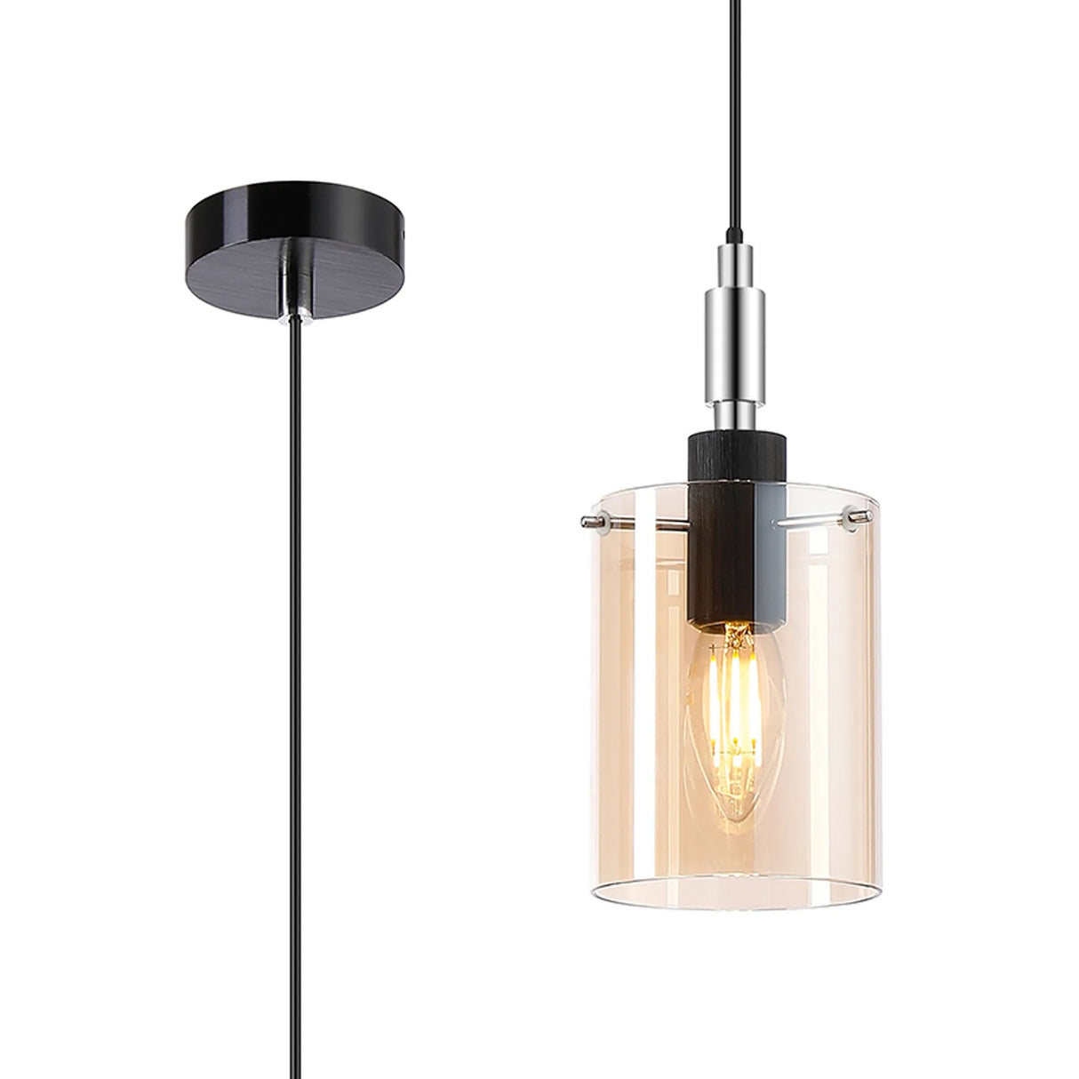 Shilton 1.5m Single Pendant 1 Light IP44 Black Polished Chrome Cylinder Glass
