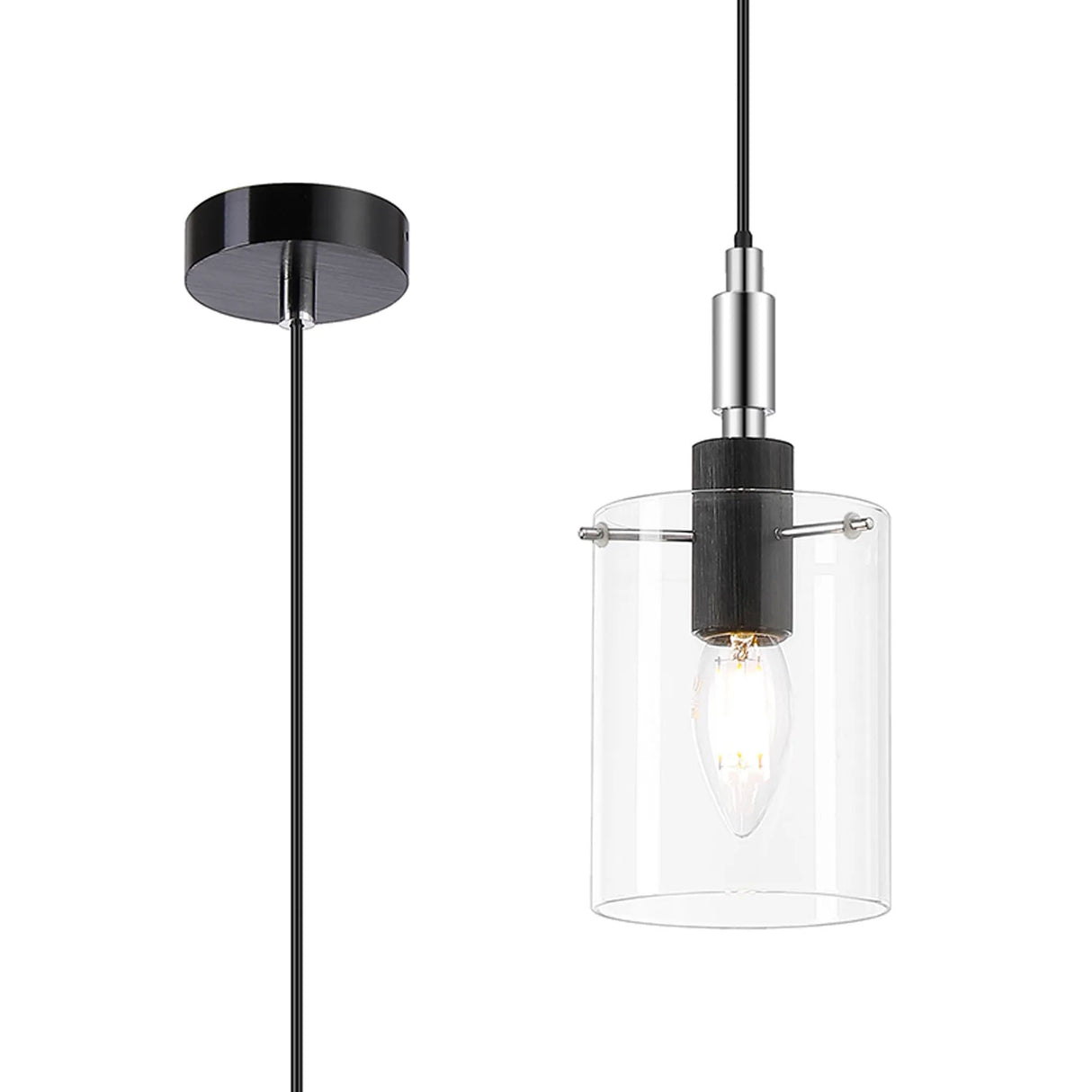 Shilton 1.5m Single Pendant 1 Light IP44 Cylinder Glass Black/Polished Chrome/Clear