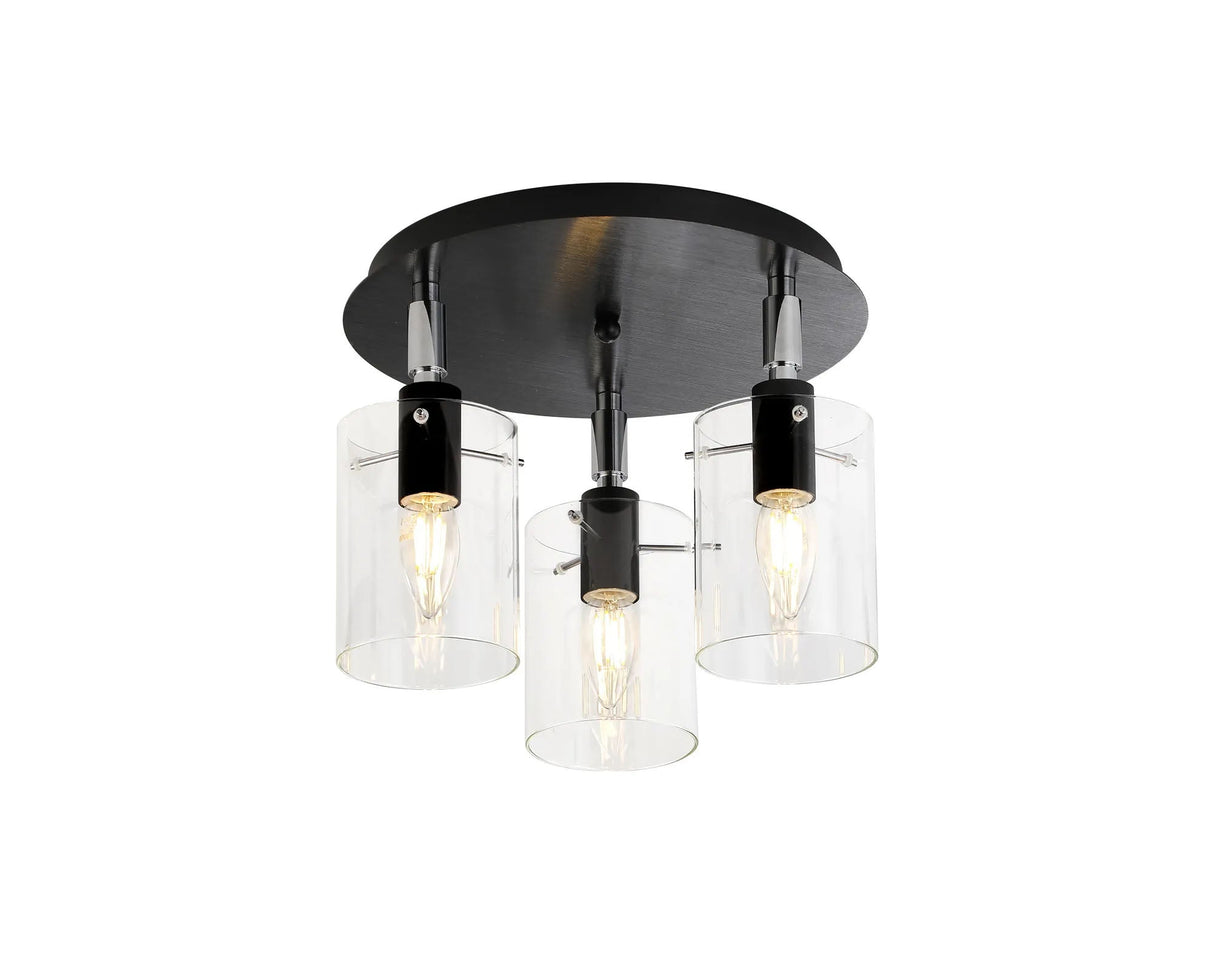 Shilton Round Semi Ceiling 3 Light IP44 Cylinder Glass Black/Polished Chrome/Clear