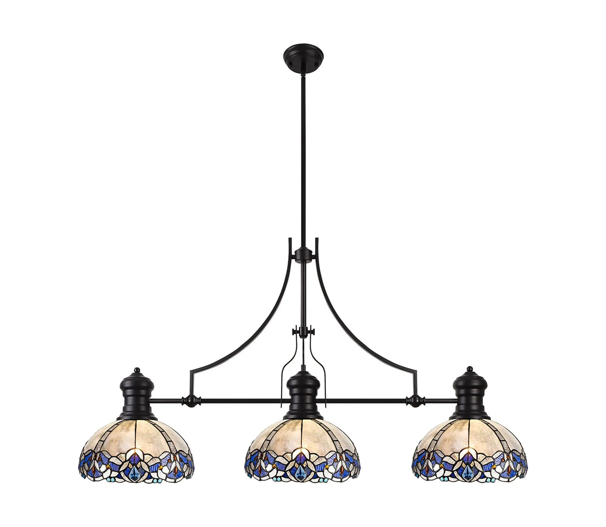 Siddall 3 Light Linear Pendant E27 With 30cm Tiffany Shade, Matt Black, Blue, Clear Crystal