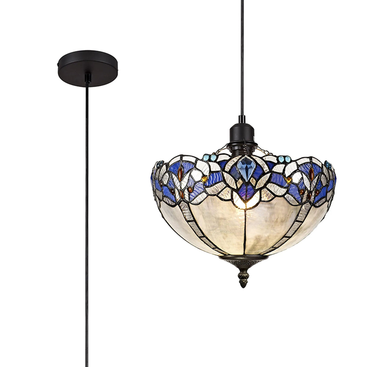 Siddall 1 Light Uplighter Pendant E27 With 30cm Tiffany Shade, Blue/Clear Crystal/Black