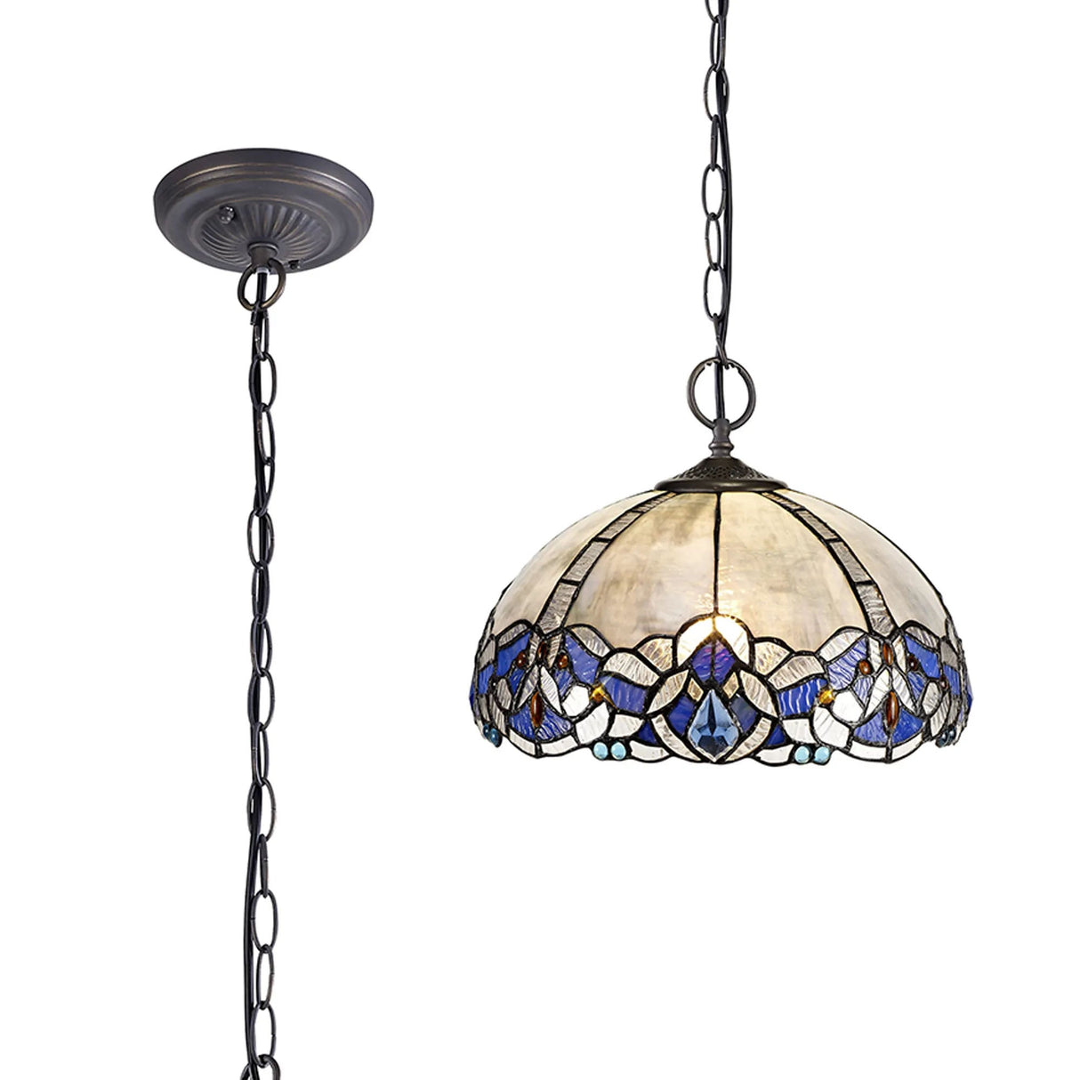 Siddall 2 Light Downlight Pendant E27 With 30cm Tiffany Shade, Blue/Clear Crystal/Aged Antique Brass