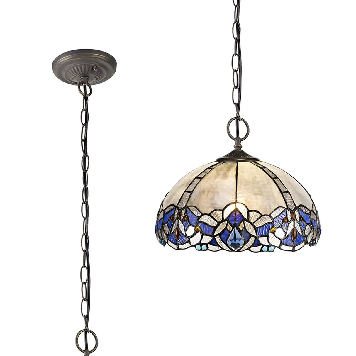 Siddall 3 Light Downlight Pendant E27 With 30cm Tiffany Shade, Blue/Clear Crystal/Aged Antique Brass
