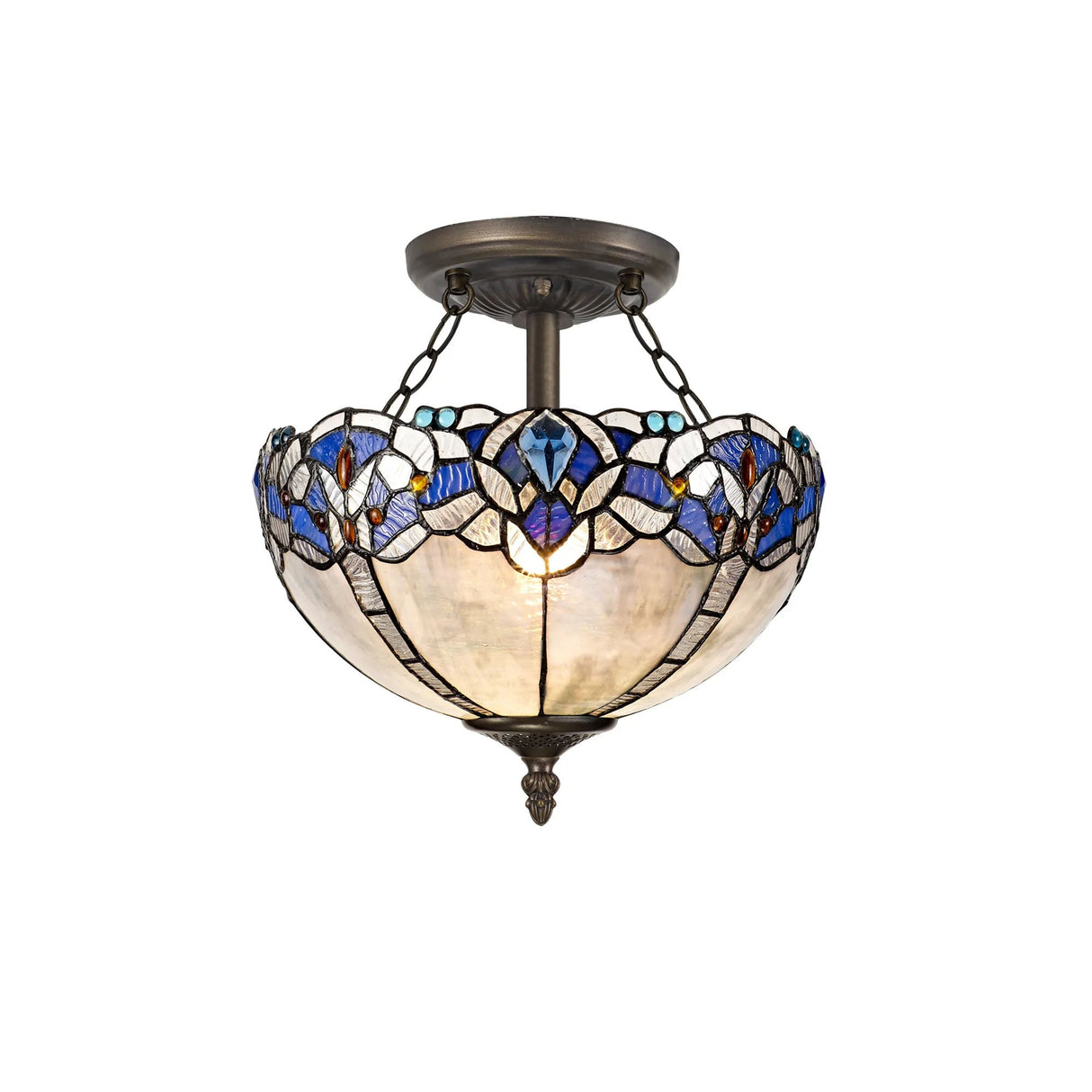 Siddall 2 Light Semi Flush E27 With 30cm Tiffany Shade, Blue/Clear Crystal/Aged Antique Brass