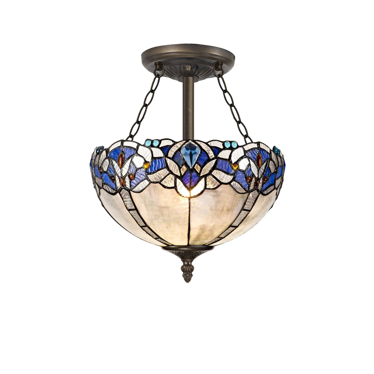 Siddall 3 Light Semi Flush E27 With 30cm Tiffany Shade, Blue/Clear Crystal/Aged Antique Brass