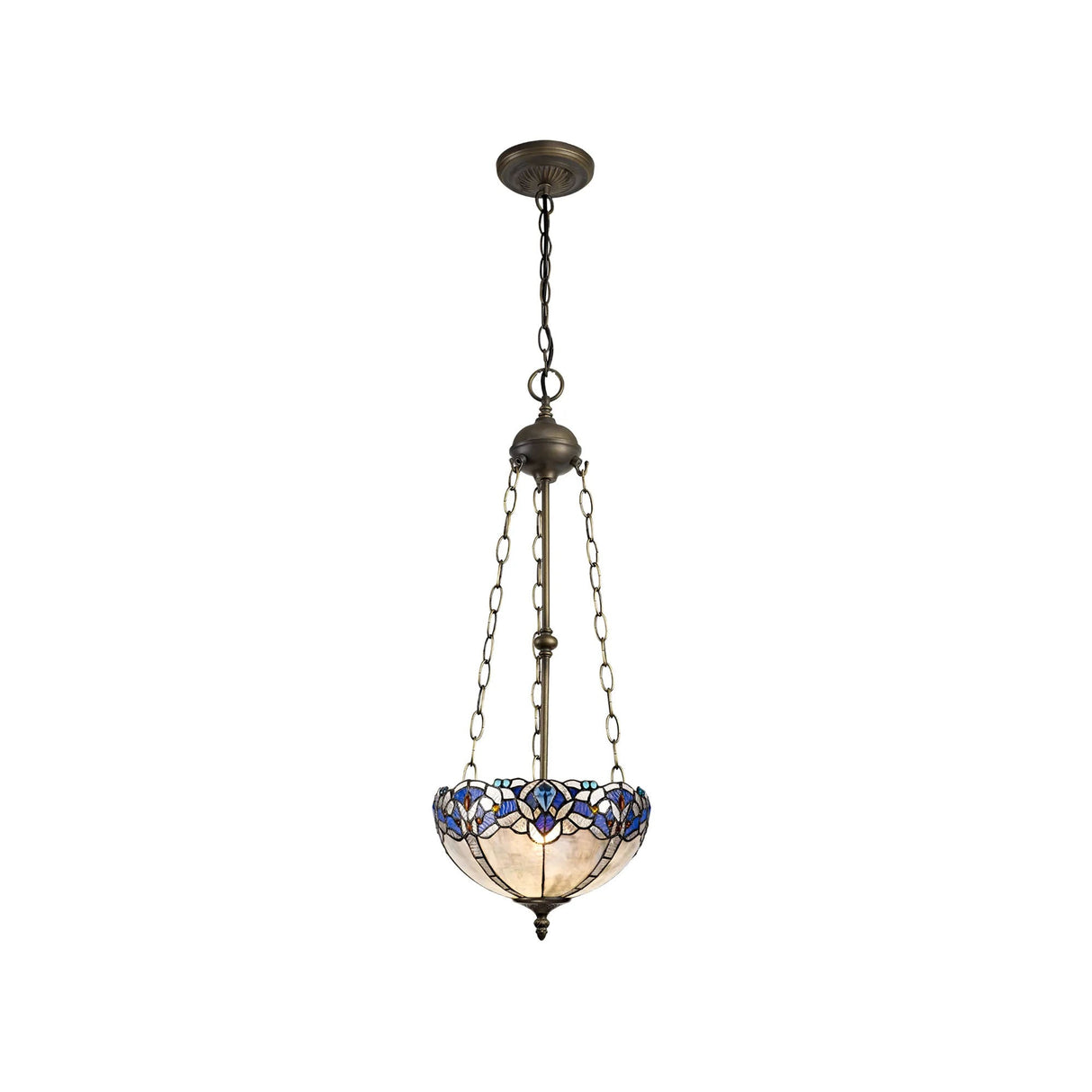 Siddall 3 Light Uplighter Pendant E27 With 30cm Tiffany Shade, Blue/Clear Crystal/Aged Antique Brass