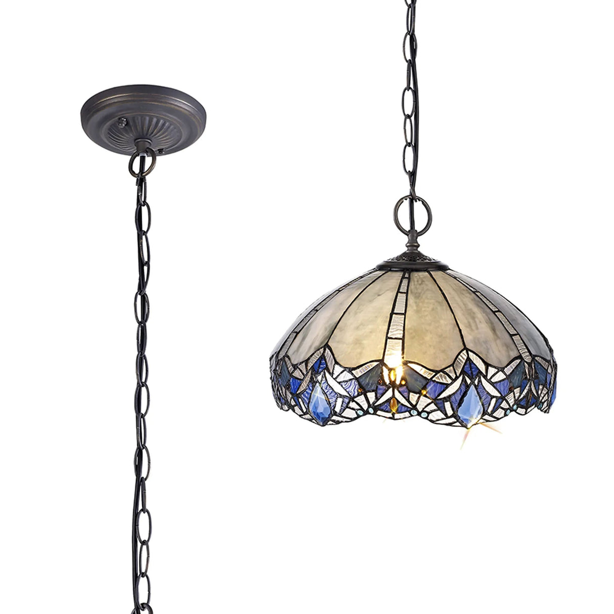 Siddall 2 Light Downlight Pendant E27 With 40cm Tiffany Shade, Blue/Clear Crystal/Aged Antique Brass