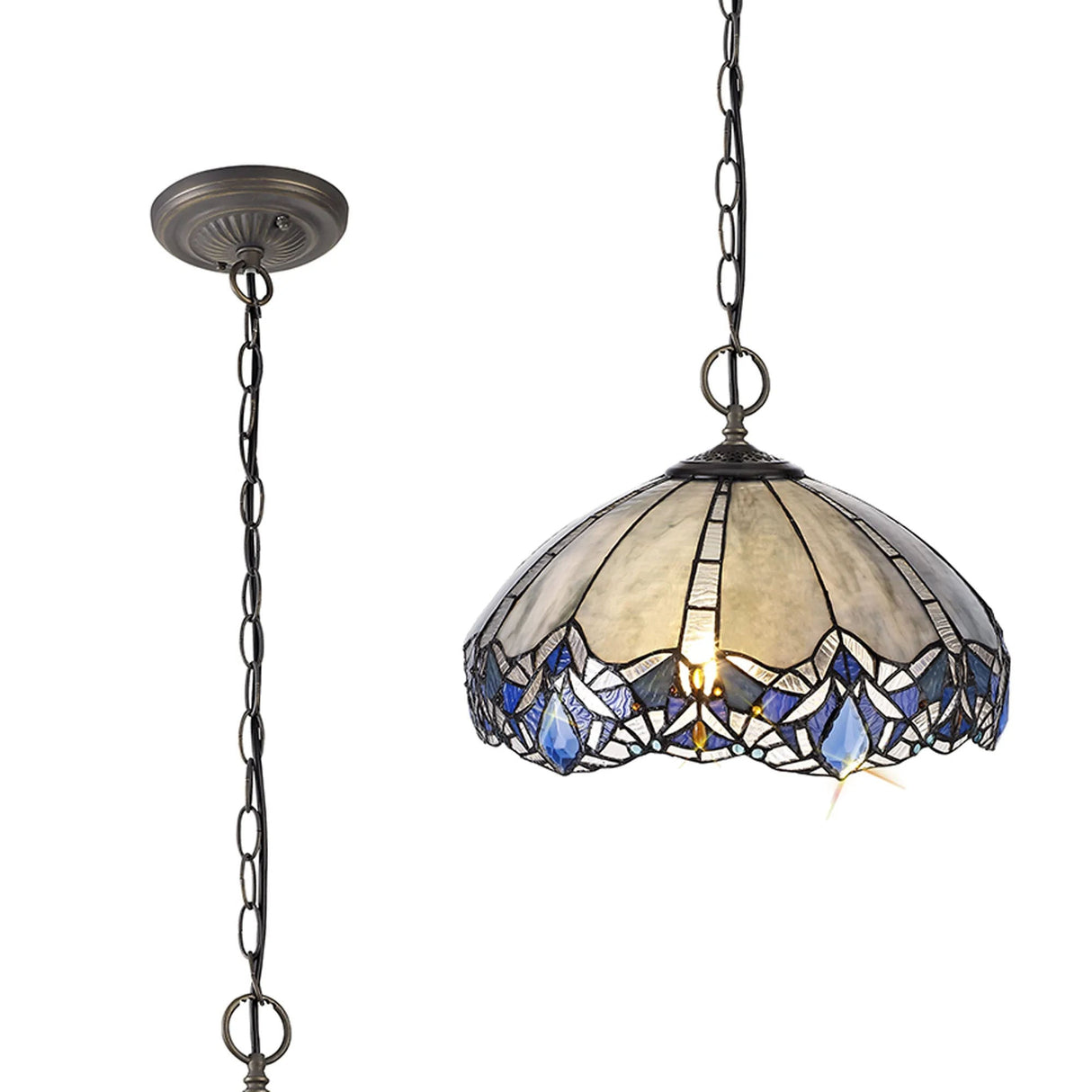 Siddall 3 Light Downlight Pendant E27 With 40cm Tiffany Shade, Blue/Clear Crystal/Aged Antique Brass