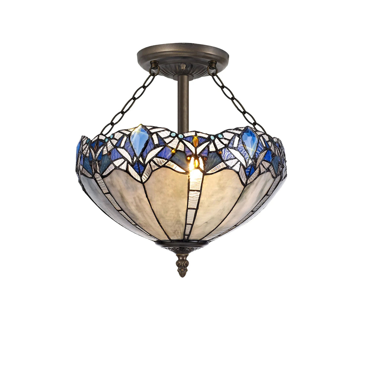 Siddall 3 Light Semi Flush E27 With 40cm Tiffany Shade, Blue/Clear Crystal/Aged Antique Brass