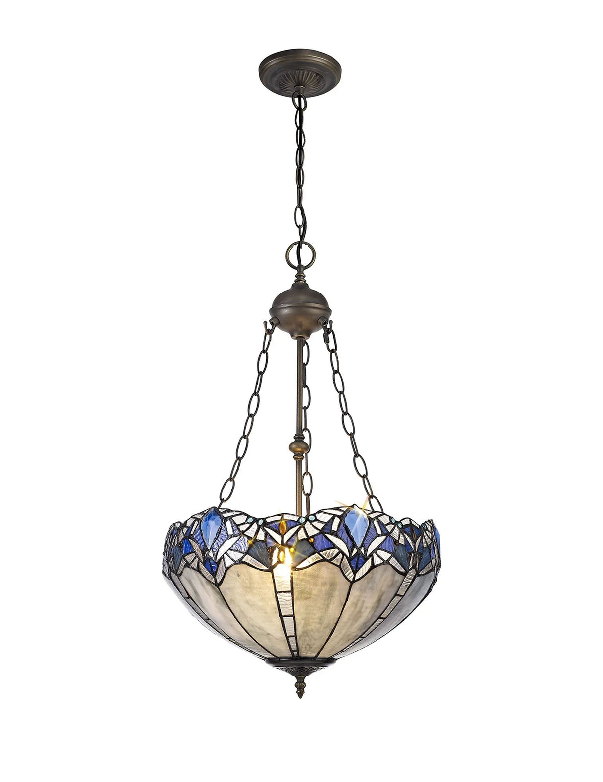 Siddall 2 Light Uplighter Pendant E27 With 40cm Tiffany Shade, Blue/Clear Crystal/Aged Antique Brass