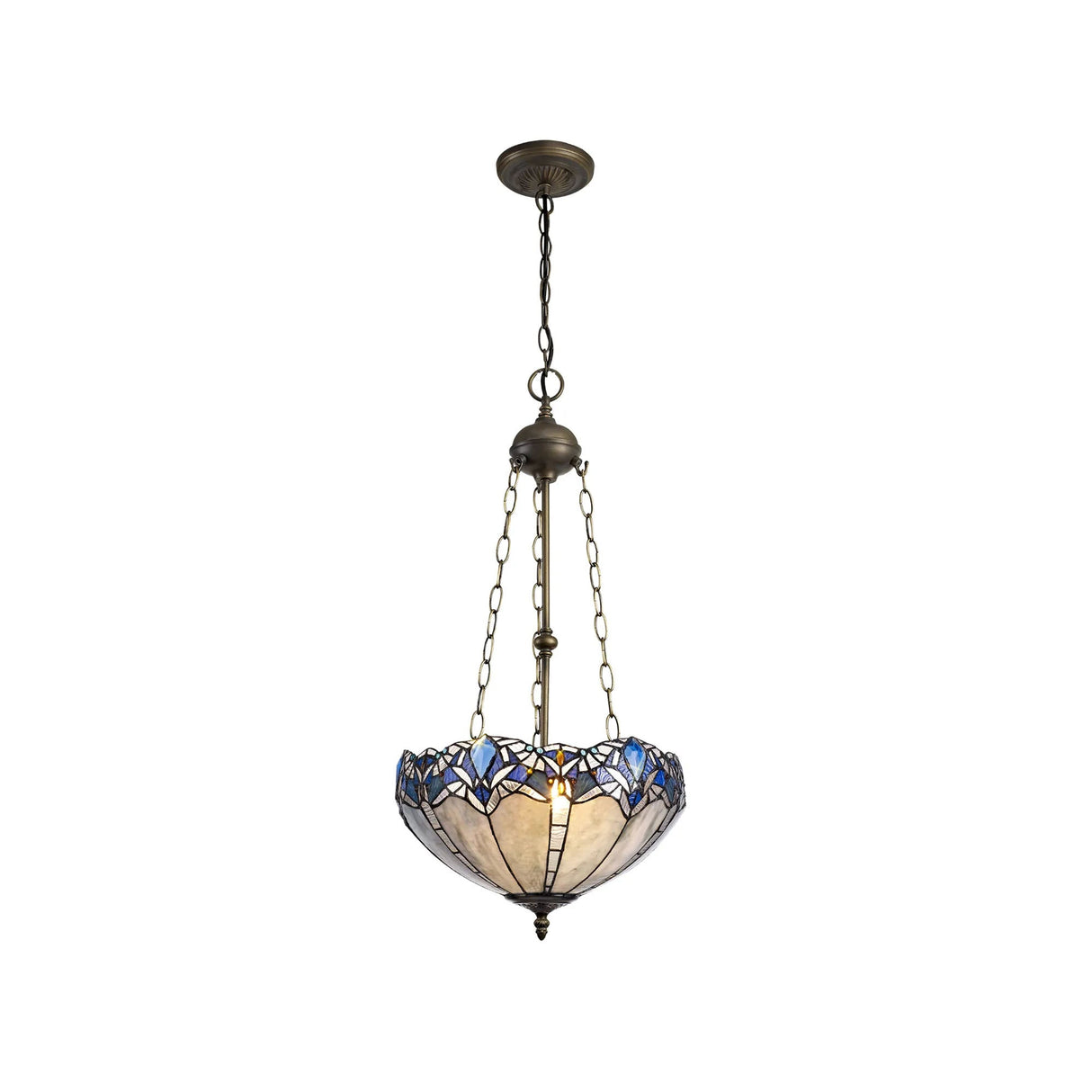 Siddall 3 Light Uplighter Pendant E27 With 40cm Tiffany Shade, Blue/Clear Crystal/Aged Antique Brass