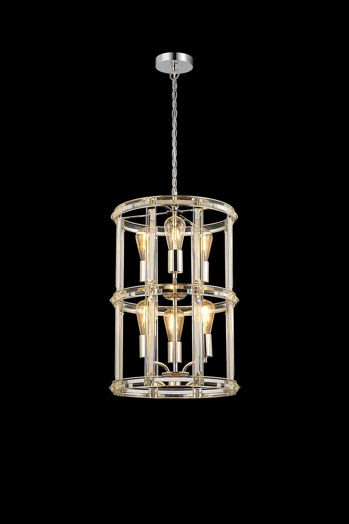 Ellison Small Round Column Pendant, 6 x E27, Polished Nickel
