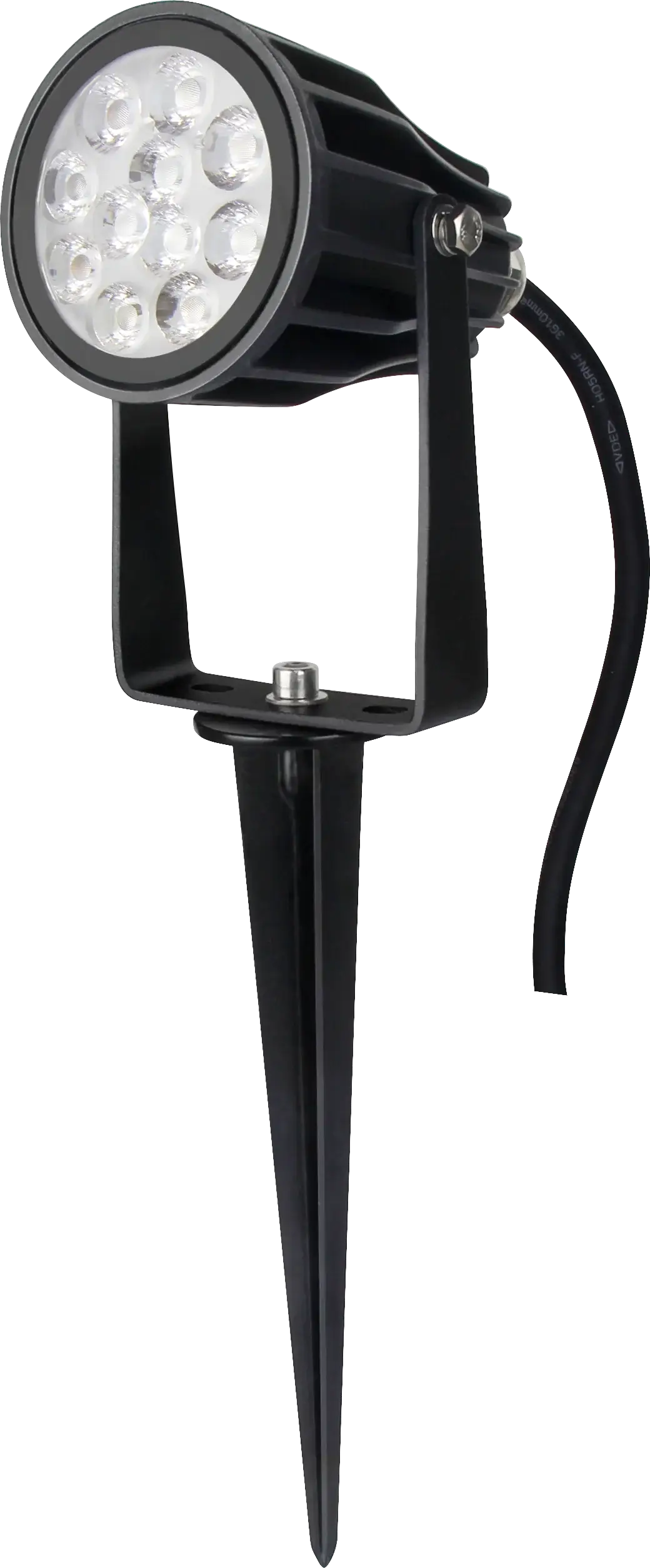 AuraLed Smart Garden Spotlight in black with multi-LED round head, adjustable bracket mount, ground spike, and trailing cable