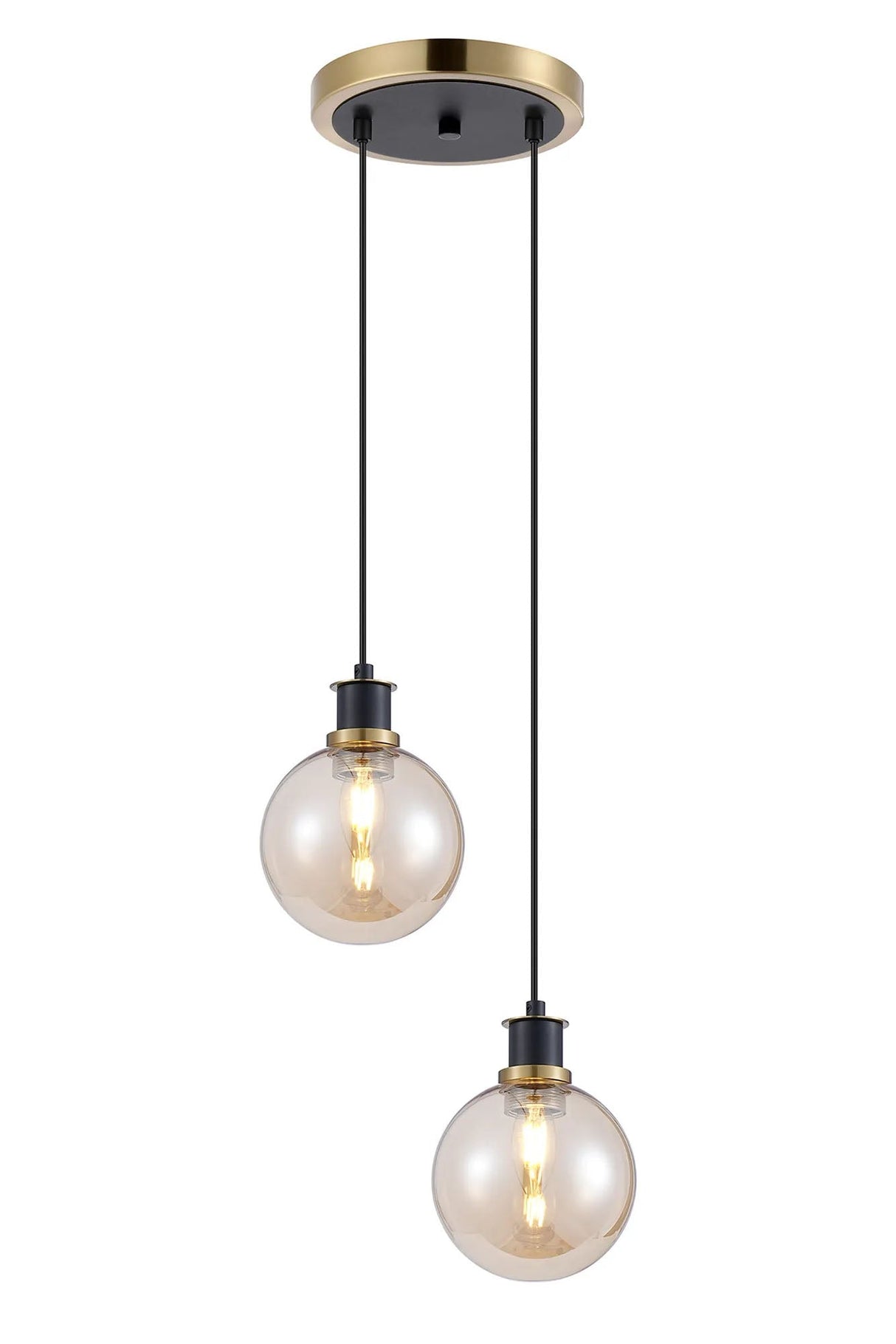 Stevens 2 Light Pendant, E14 With 15cm Round Glass Shades, Brass, Amber Plated & Satin Black
