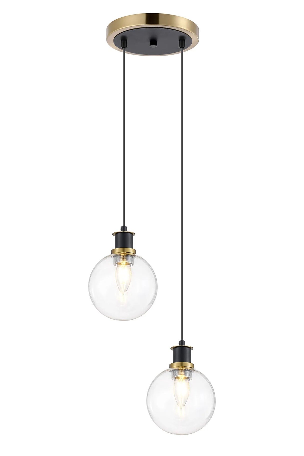 Stevens 2 Light Pendant, E14 With 15cm Round Glass Shades, Brass, Clear & Satin Black
