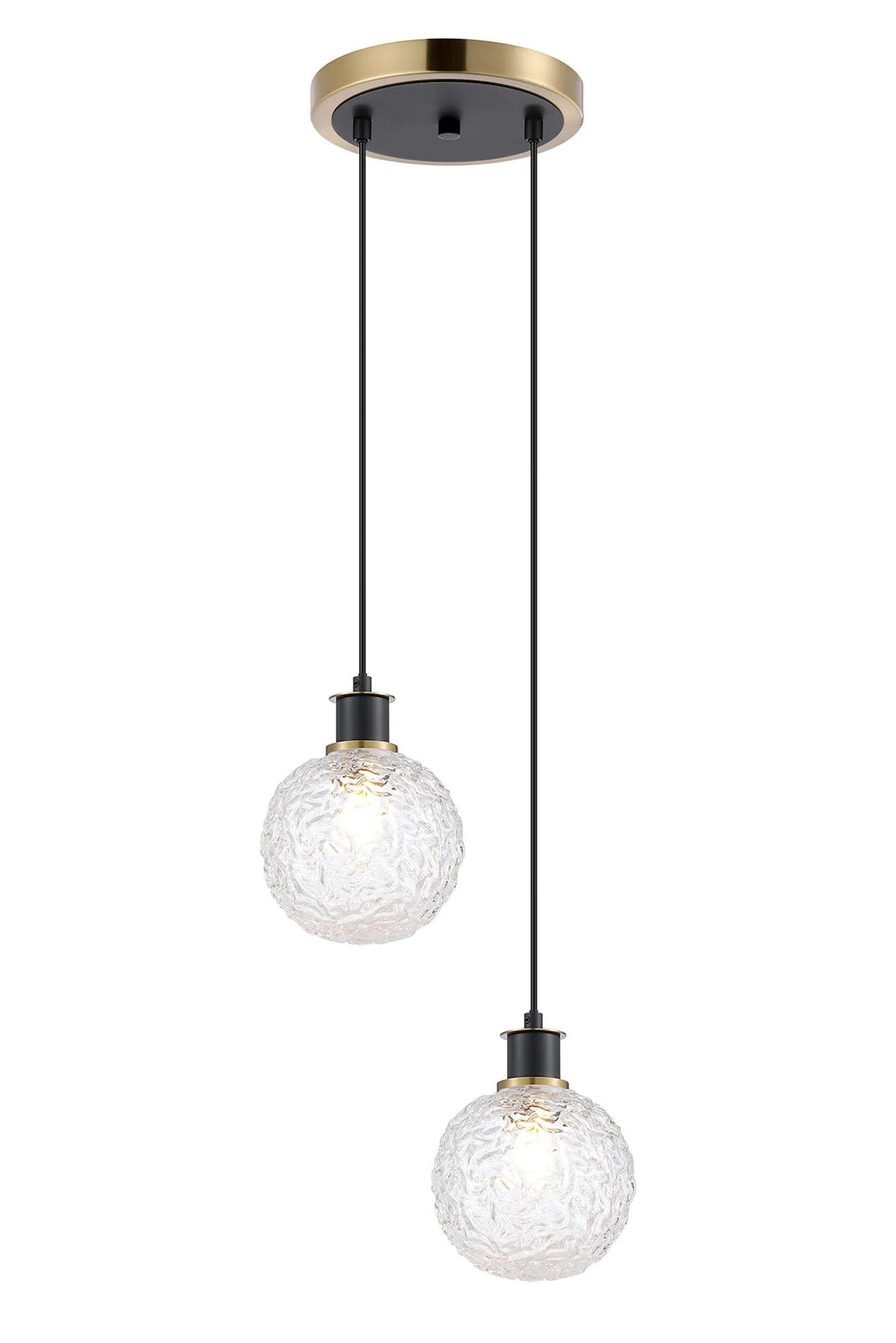 Stevens 2 Light Pendant, E14 With 15cm Round Textured Crumple Glass Shades, Brass, Clear & Satin Black