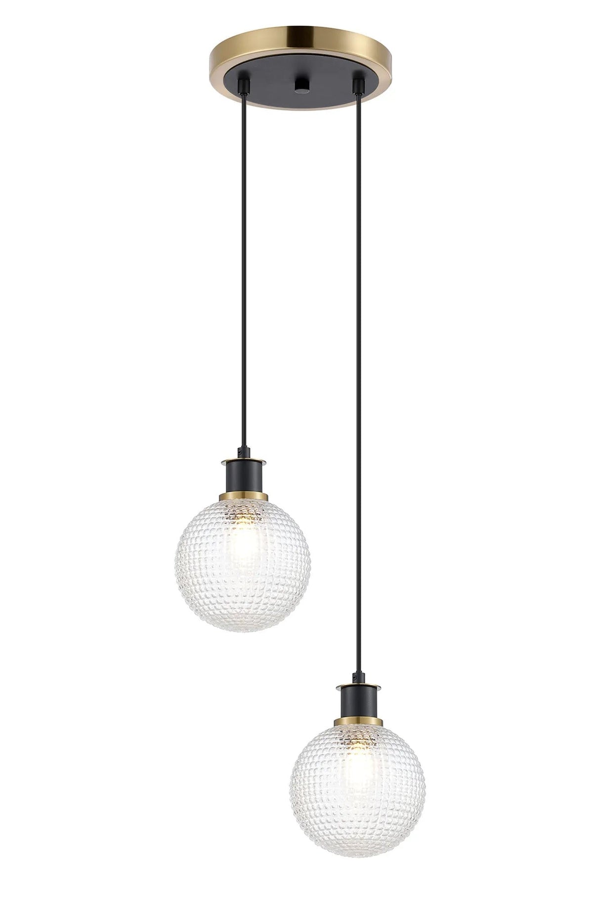 Stevens 2 Light Pendant, E14 With 15cm Round Textured Diamond Pattern Glass Shades, Brass, Clear & Satin Black