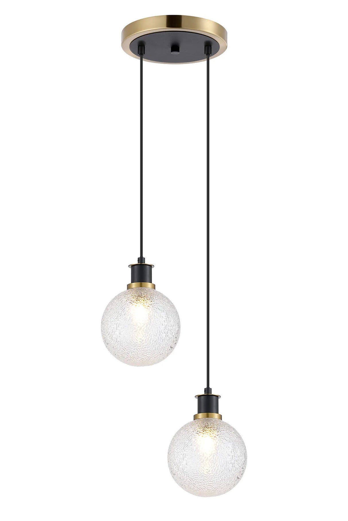 Stevens 2 Light Pendant, E14 With 15cm Round Dimpled Glass Shades, Brass, Clear & Satin Black