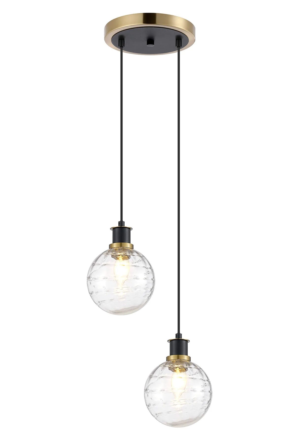 Stevens 2 Light Pendant, E14 With 15cm Round Textured Melting Glass Shades, Brass, Clear & Satin Black