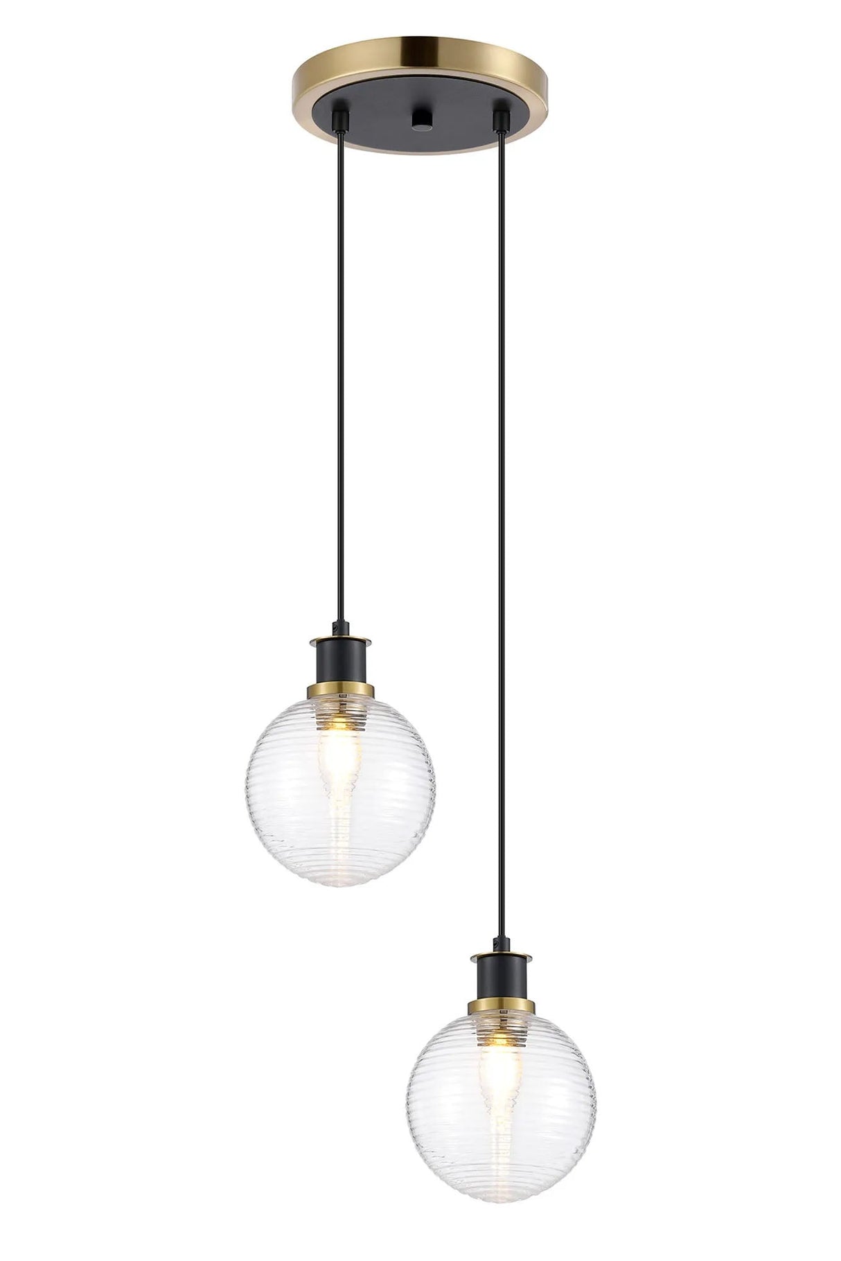 Stevens 2 Light Pendant, E14 With 15cm Round Ribbed Glass Shades, Brass, Clear & Satin Black