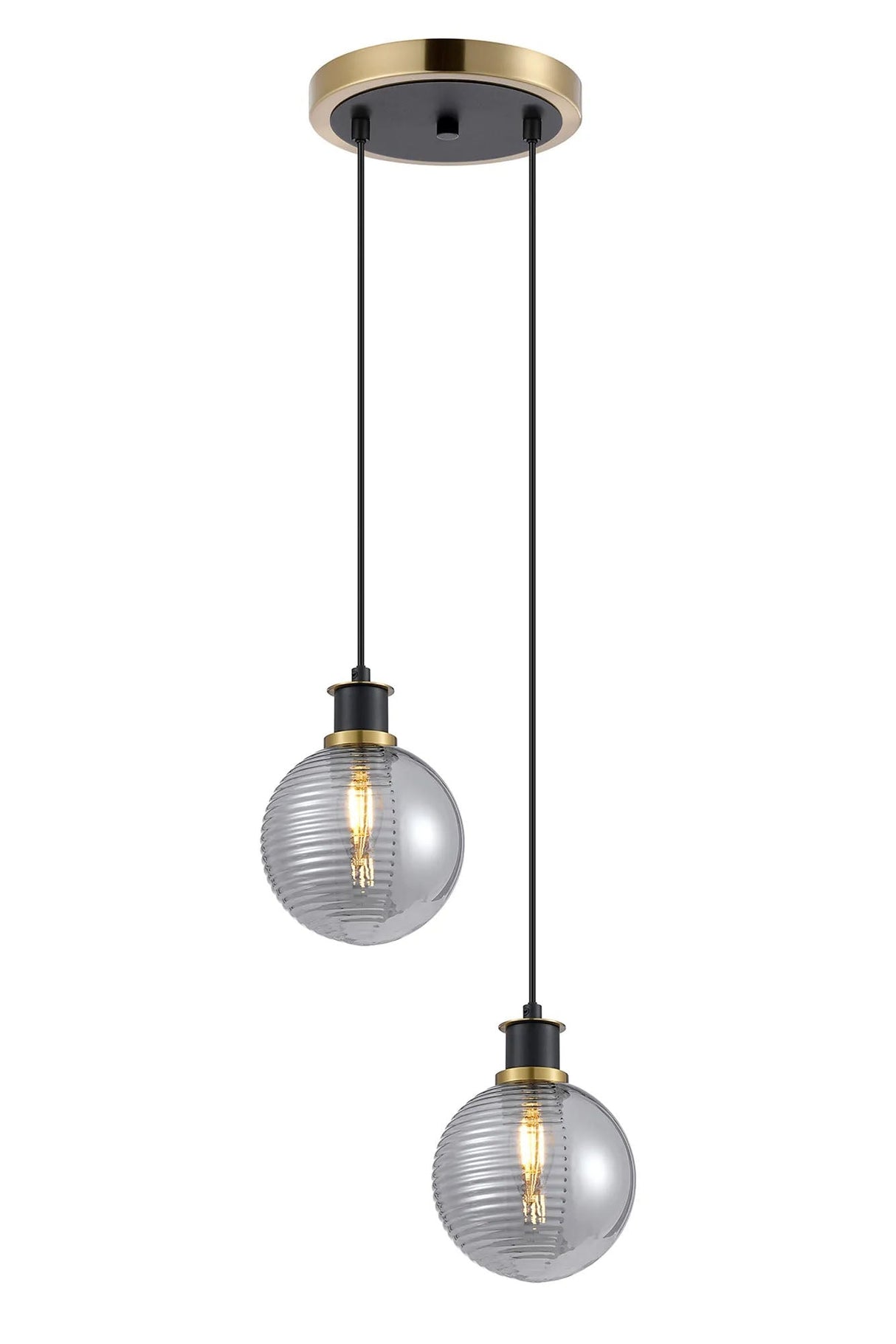 Stevens 2 Light Pendant, E14 With 15cm Round Double Textured Smooth / Ribbed Glass Shades, Brass, Smoke Plated & Satin Black