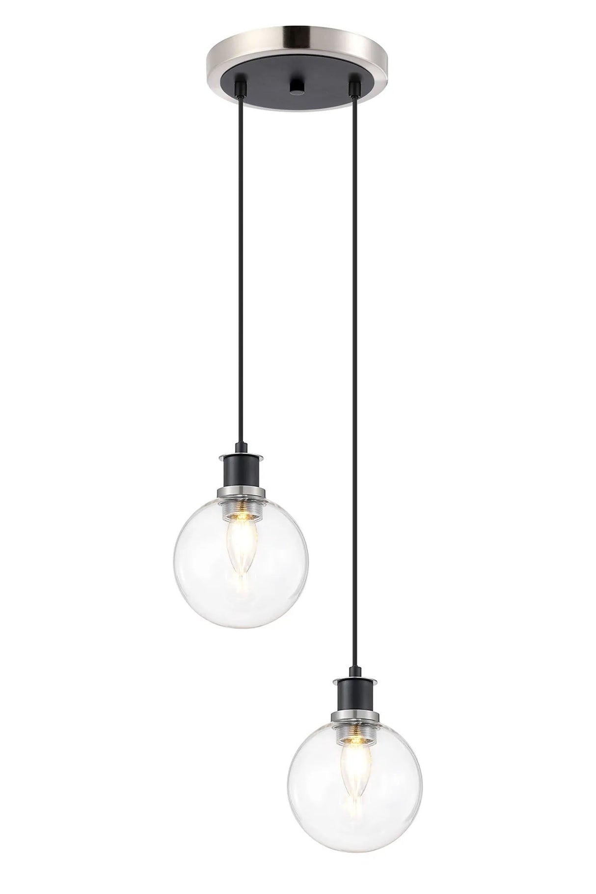 Stevens 2 Light Pendant, E14 With 15cm Round Glass Shades, Satin Nickel, Clear & Satin Black